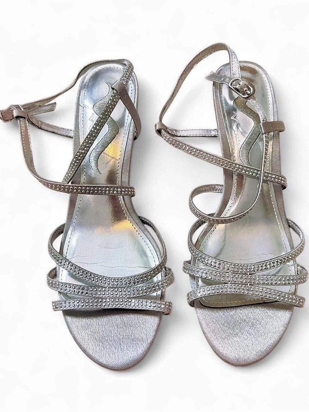 Nina Silver Rhinestone Strappy Kitten Heel Sandals US 8.5